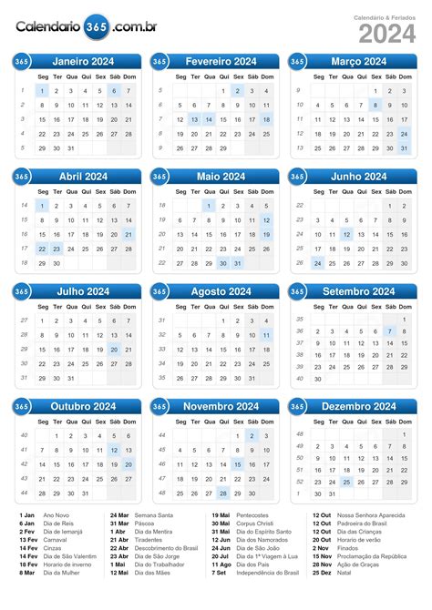 calendario 2024 com feriados